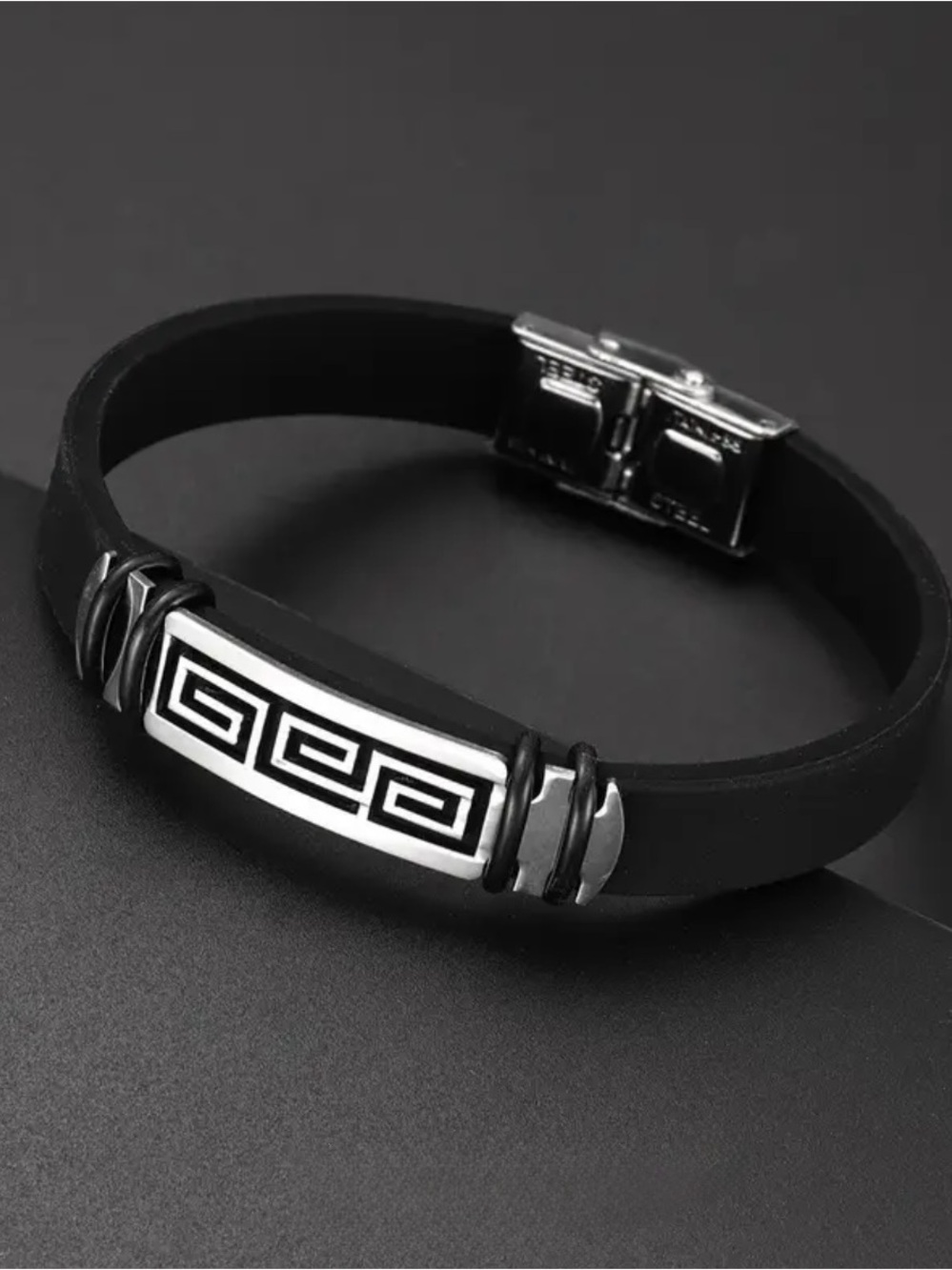 Black Men's Bracelet with Geometric Stainless Accent